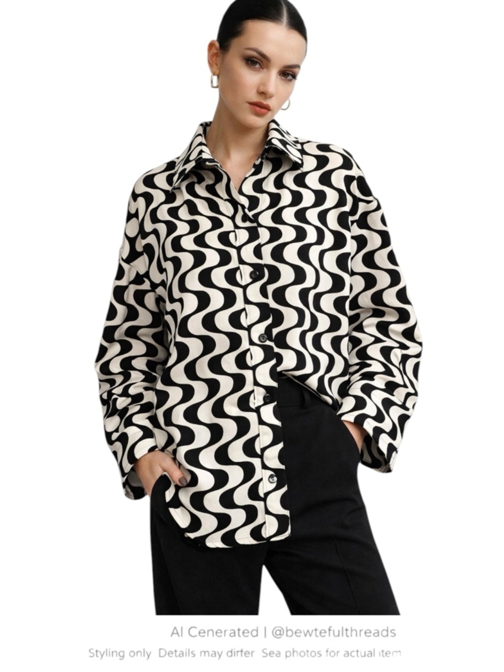H&M Oversized Black White Wave Print Blouse M Fits L Mod Scandi
